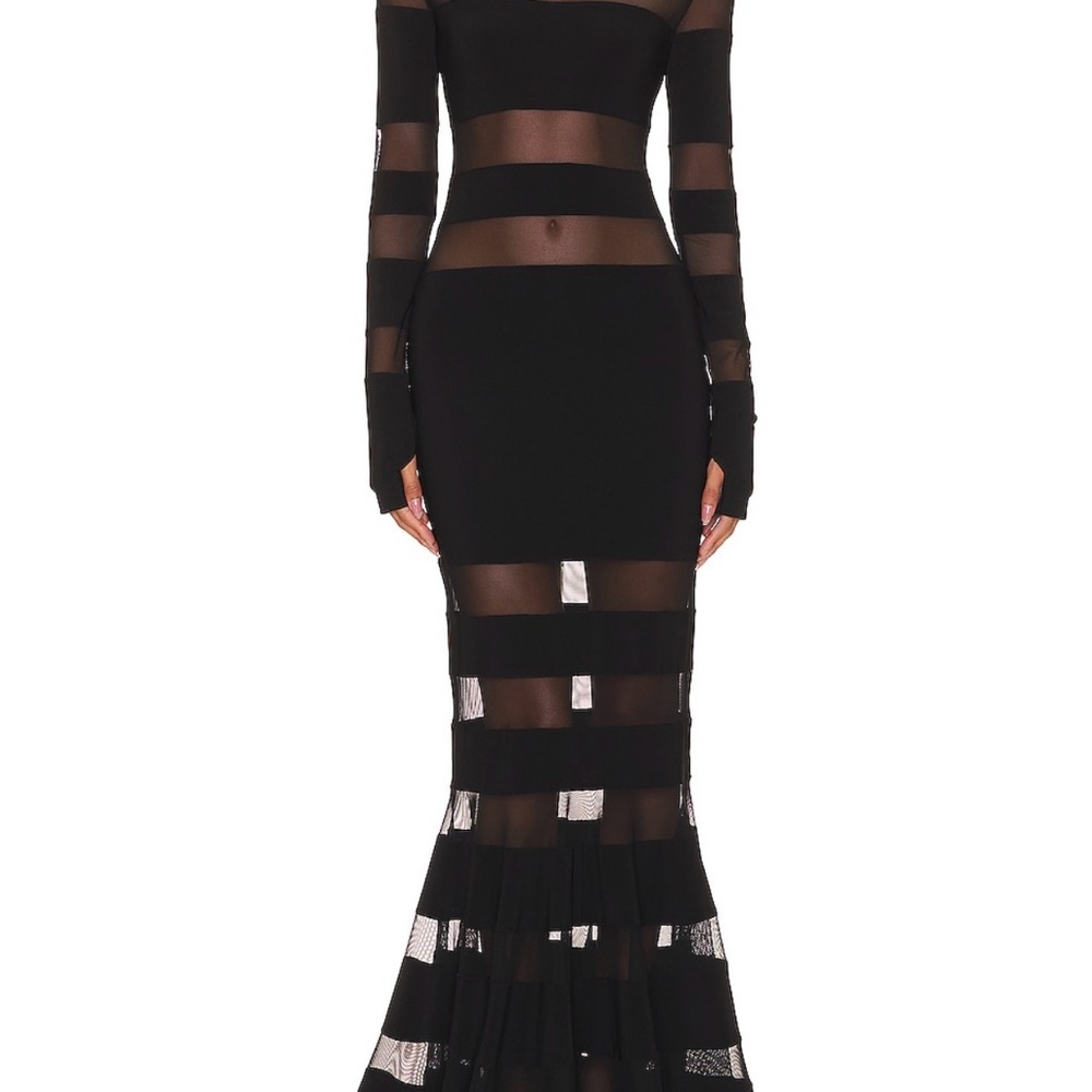 Norma Kamali Black Sheer Striped Gown